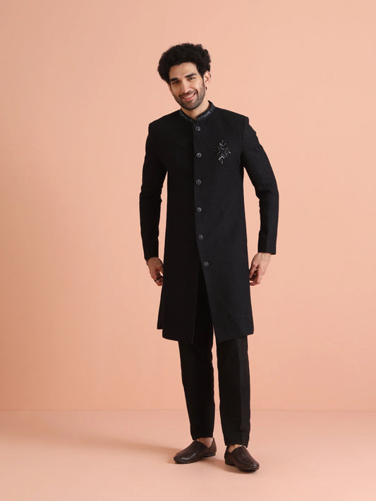 Men Black Heavy Thread Work Indo Western Trouser Set