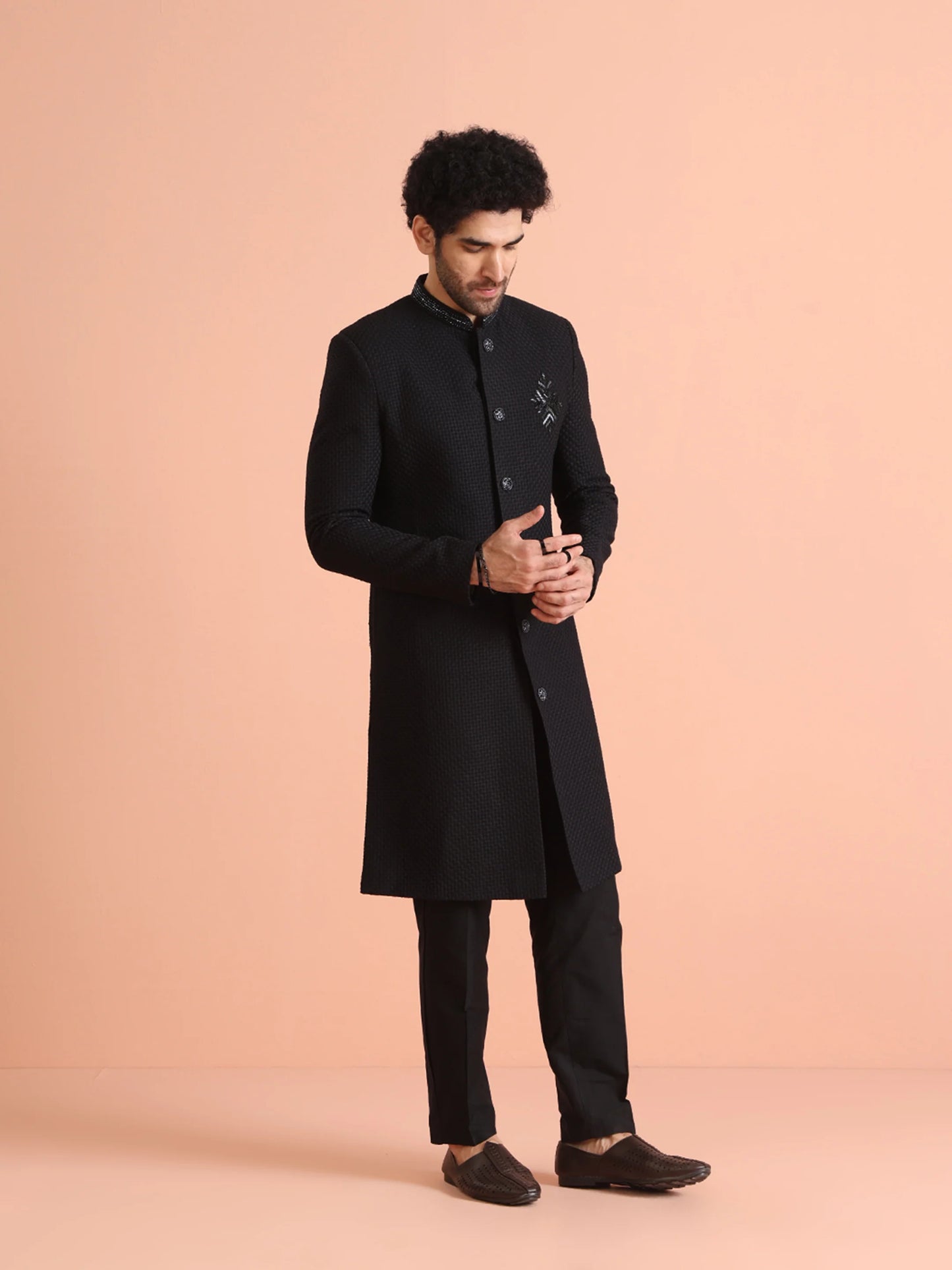 Men Black Heavy Thread Work Indo Western Trouser Set