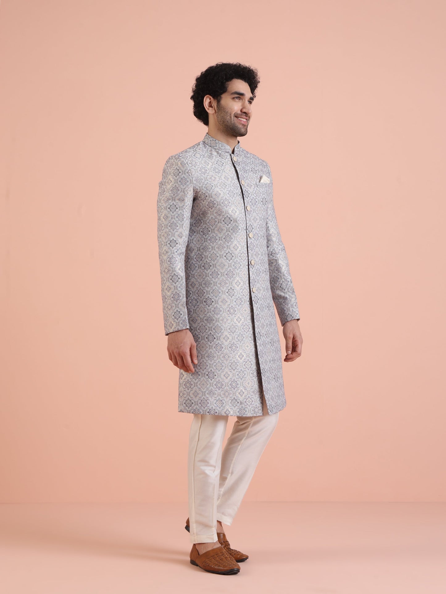 Men Grey Jacquard Indowestern Trouser Set with Geometric