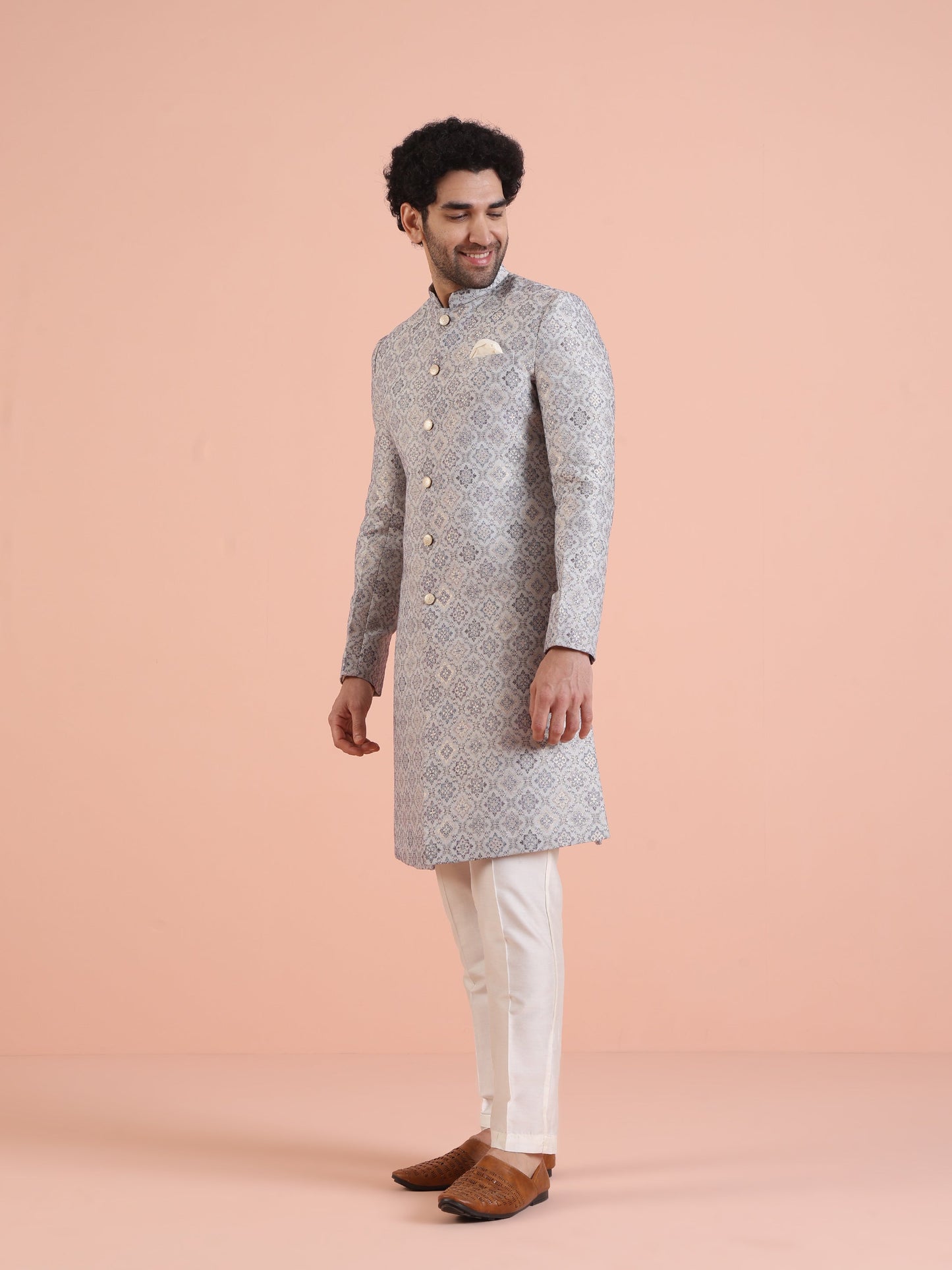 Men Grey Jacquard Indowestern Trouser Set with Geometric