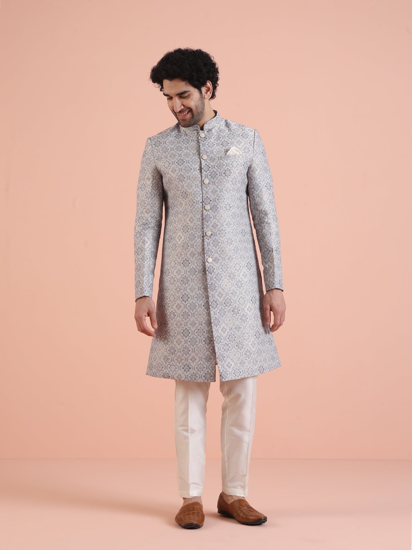 Men Grey Jacquard Indowestern Trouser Set with Geometric