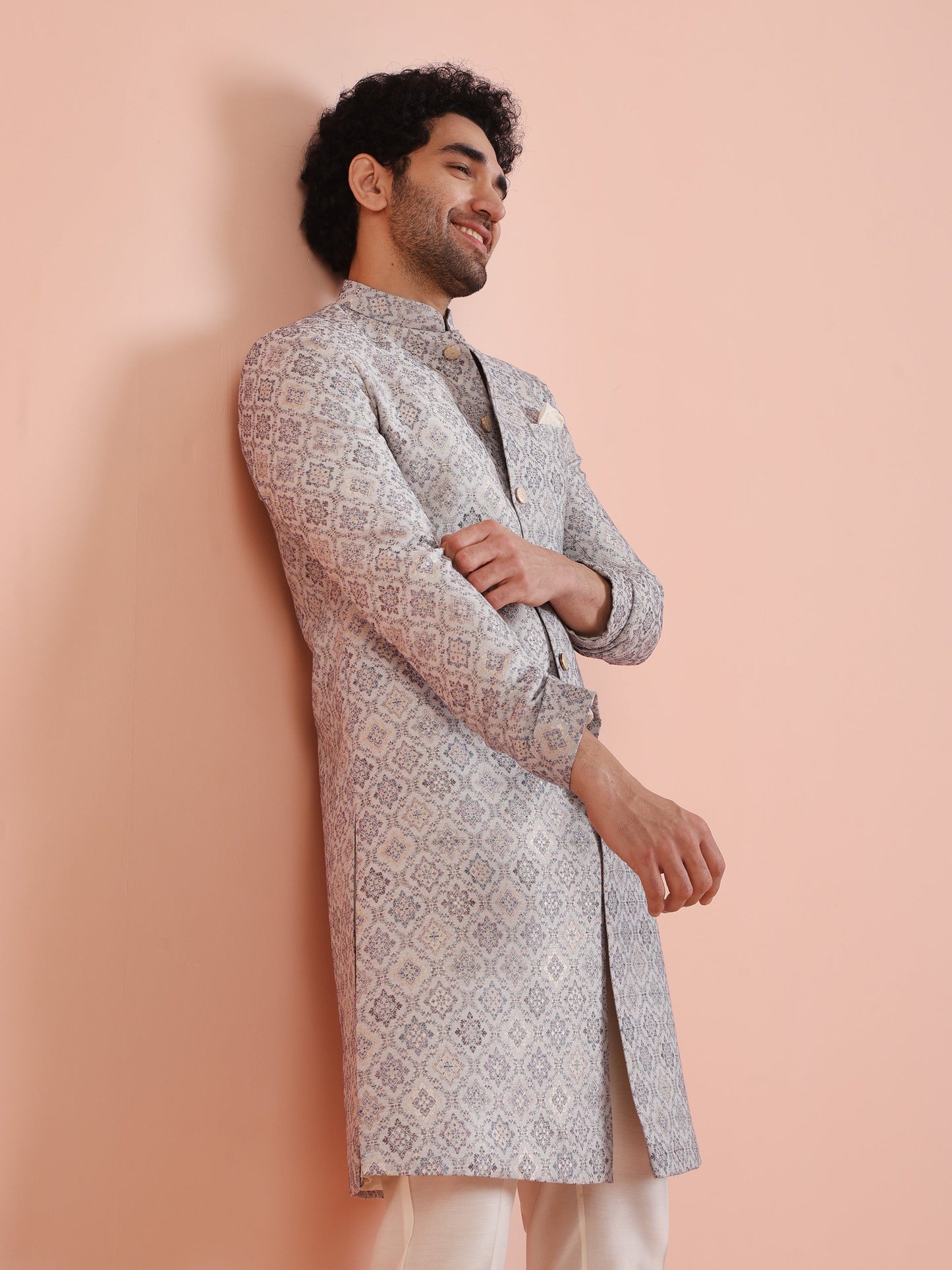 Men Grey Jacquard Indowestern Trouser Set with Geometric