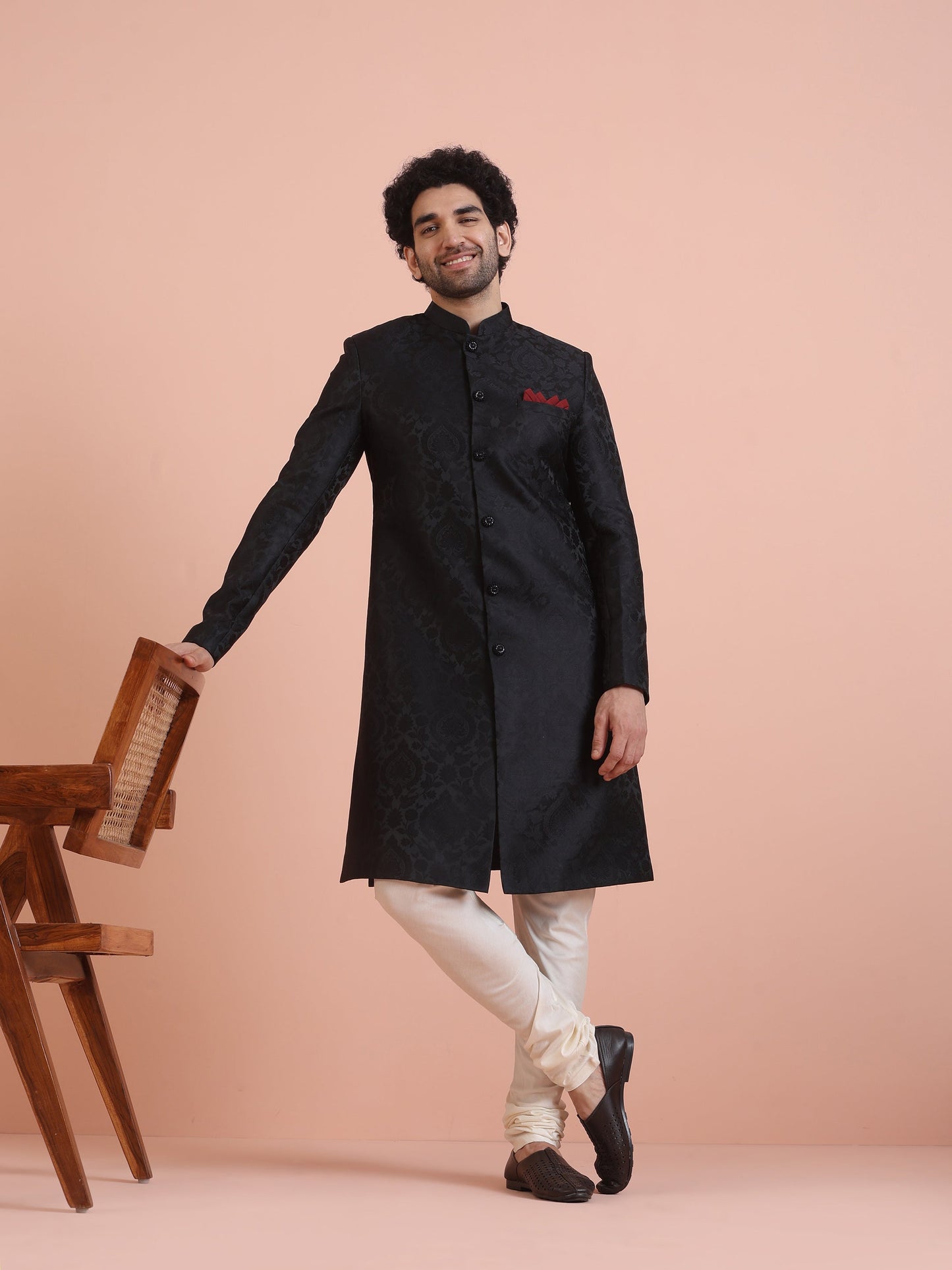 Men Black IndoWestern Churidar Set with Ethnic Motifs