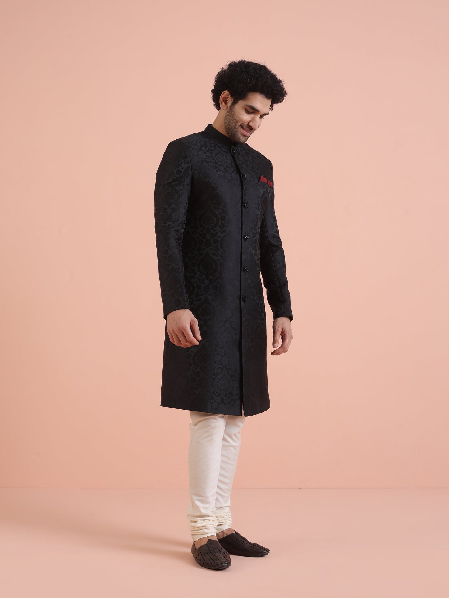 Men Black IndoWestern Churidar Set with Ethnic Motifs