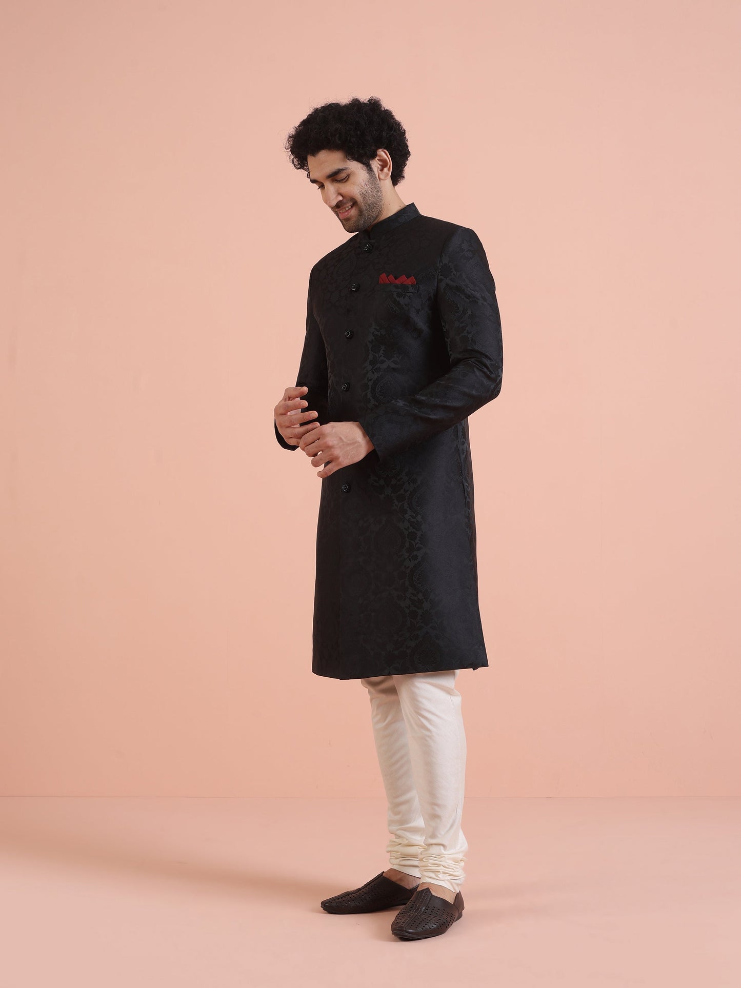 Men Black IndoWestern Churidar Set with Ethnic Motifs