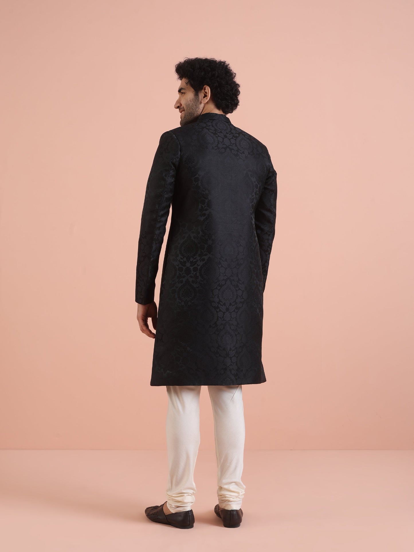 Men Black IndoWestern Churidar Set with Ethnic Motifs