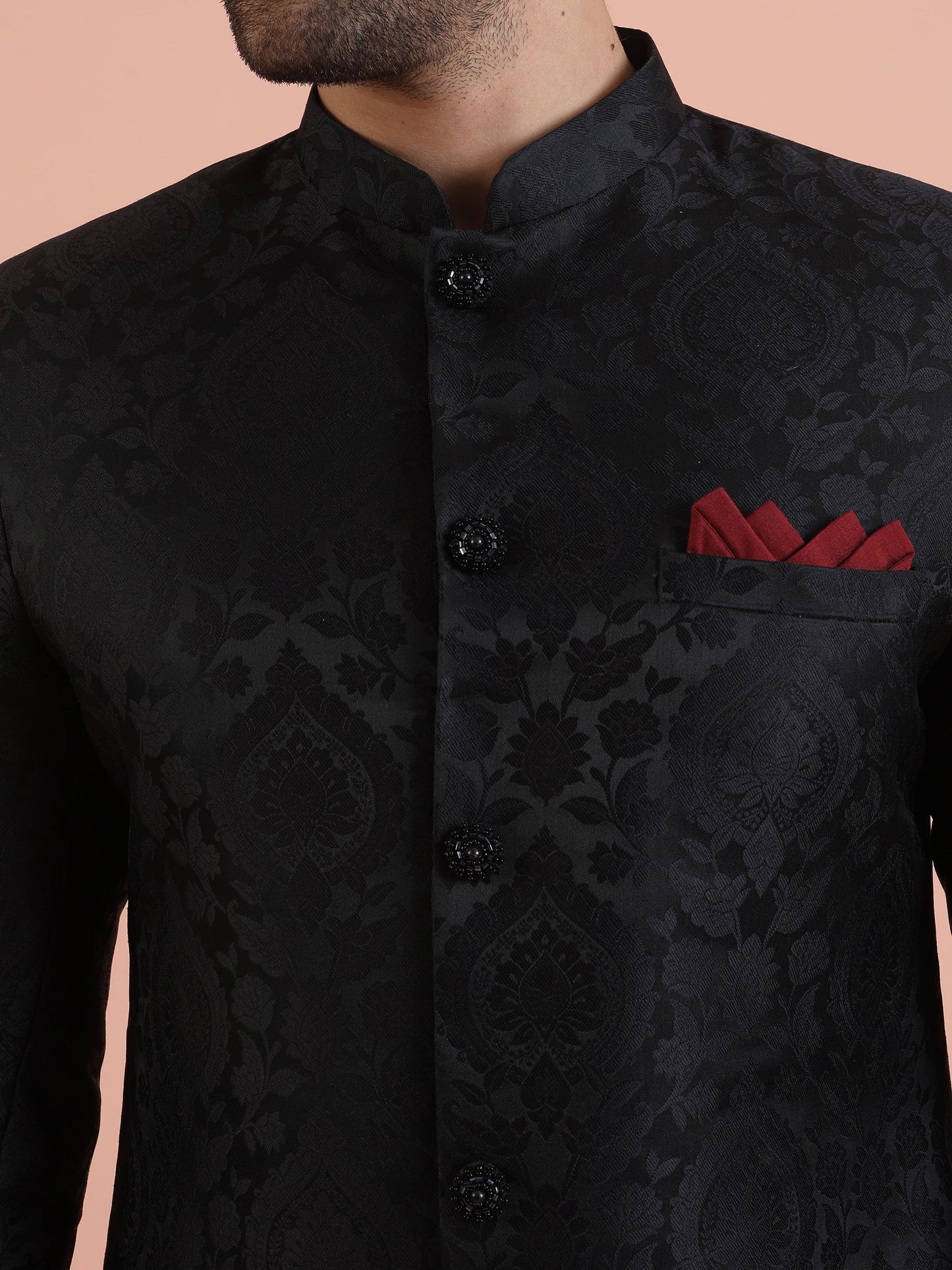 Men Black IndoWestern Churidar Set with Ethnic Motifs