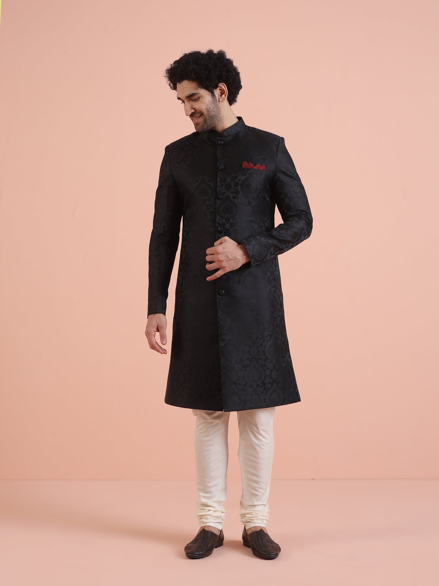 Men Black IndoWestern Churidar Set with Ethnic Motifs