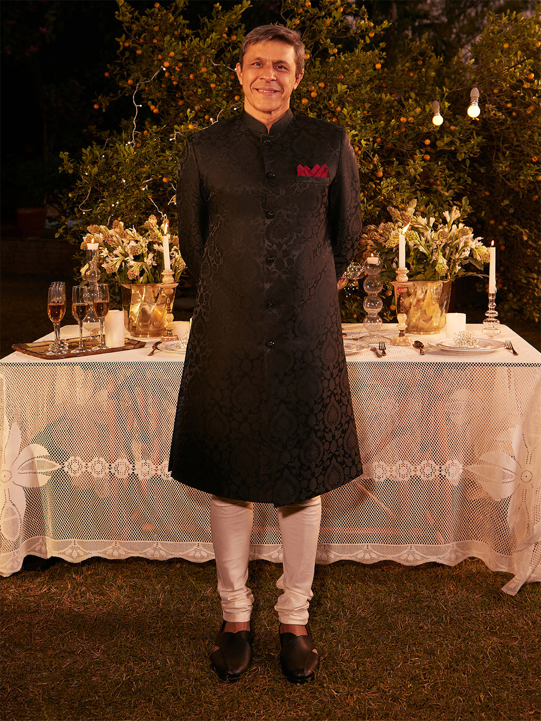 Men Black IndoWestern Churidar Set with Ethnic Motifs