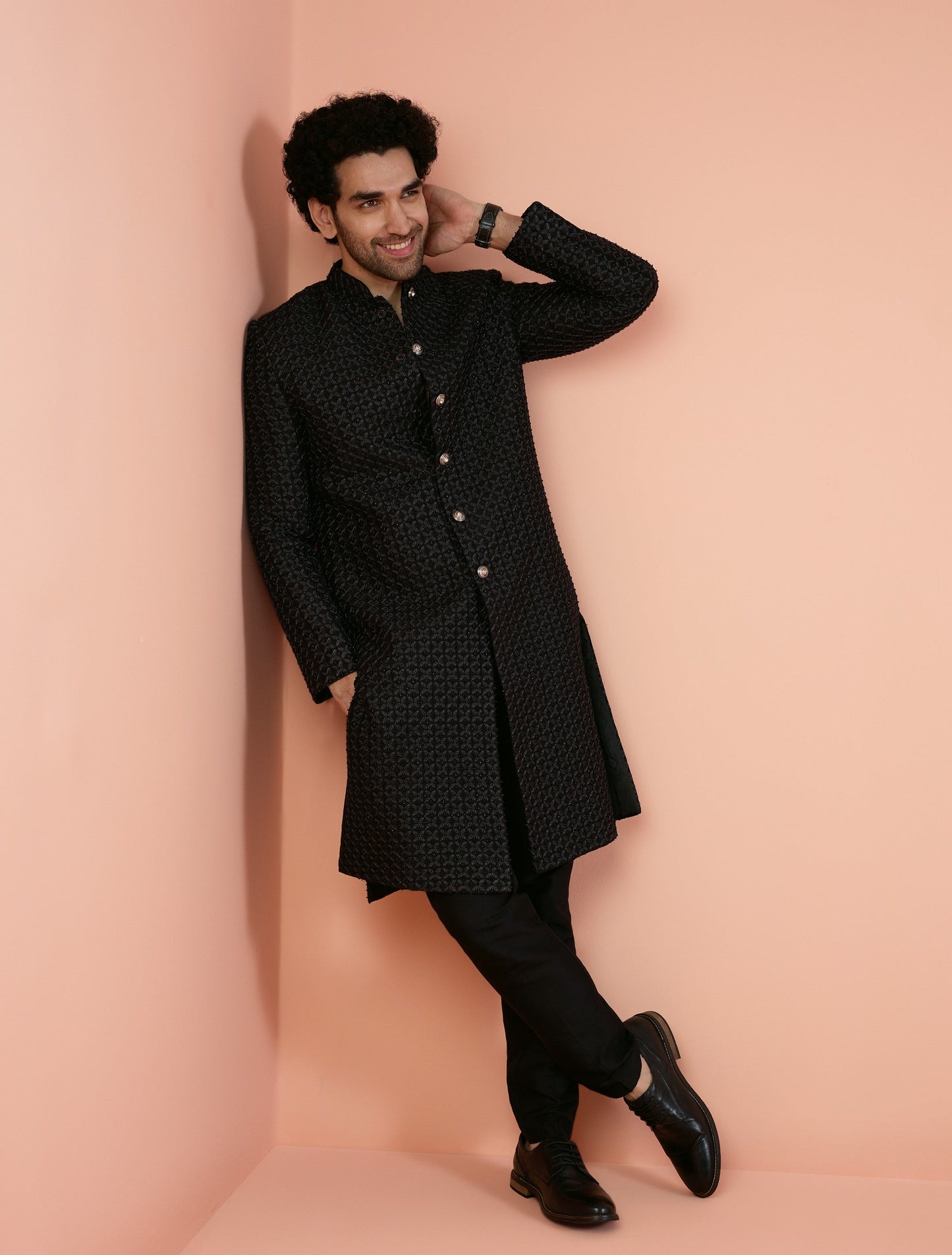 Men Black Cut-Dana Indowestern Trouser Set with Beads and stones