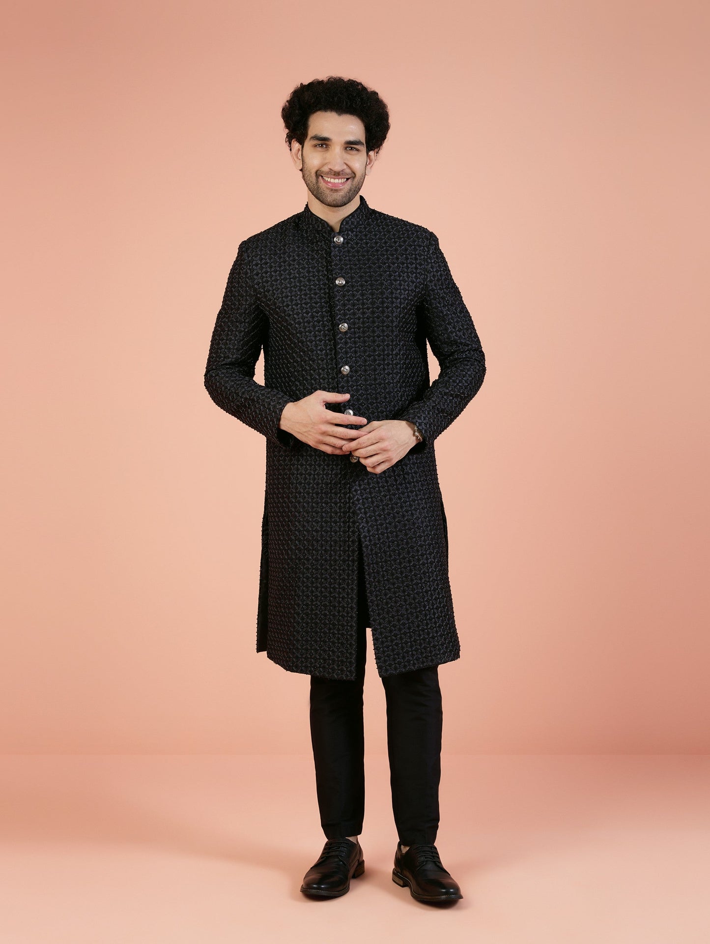 Men Black Cut-Dana Indowestern Trouser Set with Beads and stones