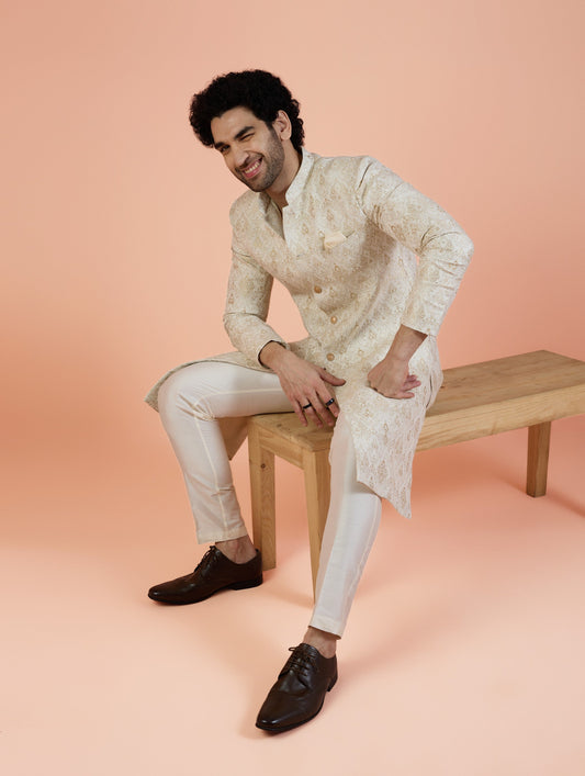 Men Off White Woven Design Indowestern Trouser Set with Ethnic Motifs