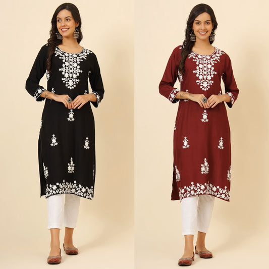 Set Of 2 Embroidered Rayon Kurta