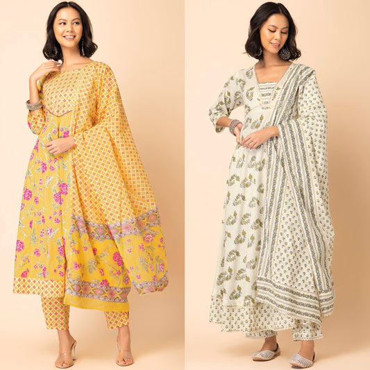 Floral Jaal Print Rayon Anarkali Kurta With Pants And Printed Dupatta (Set of 2)