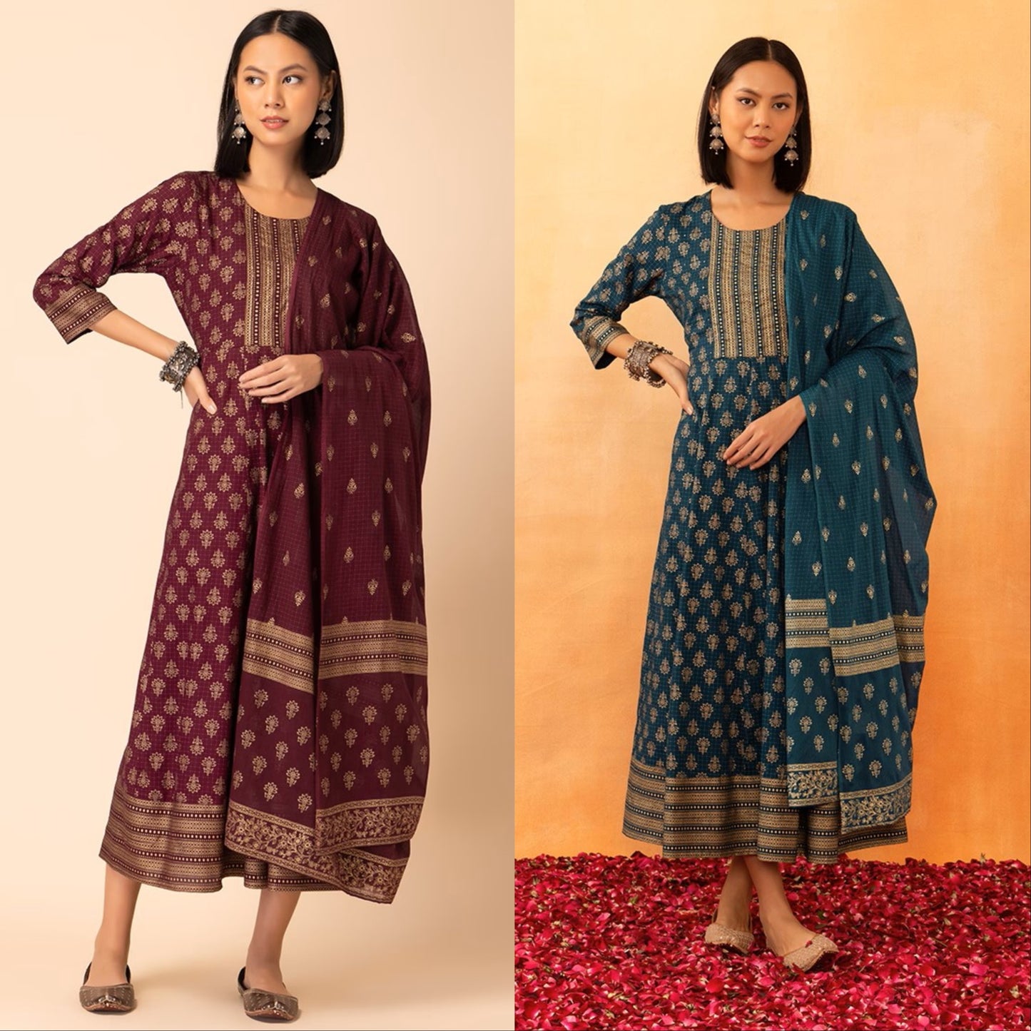 Floral Foil Print Rayon Anarkali Kurta And Dupatta (Set of 2)