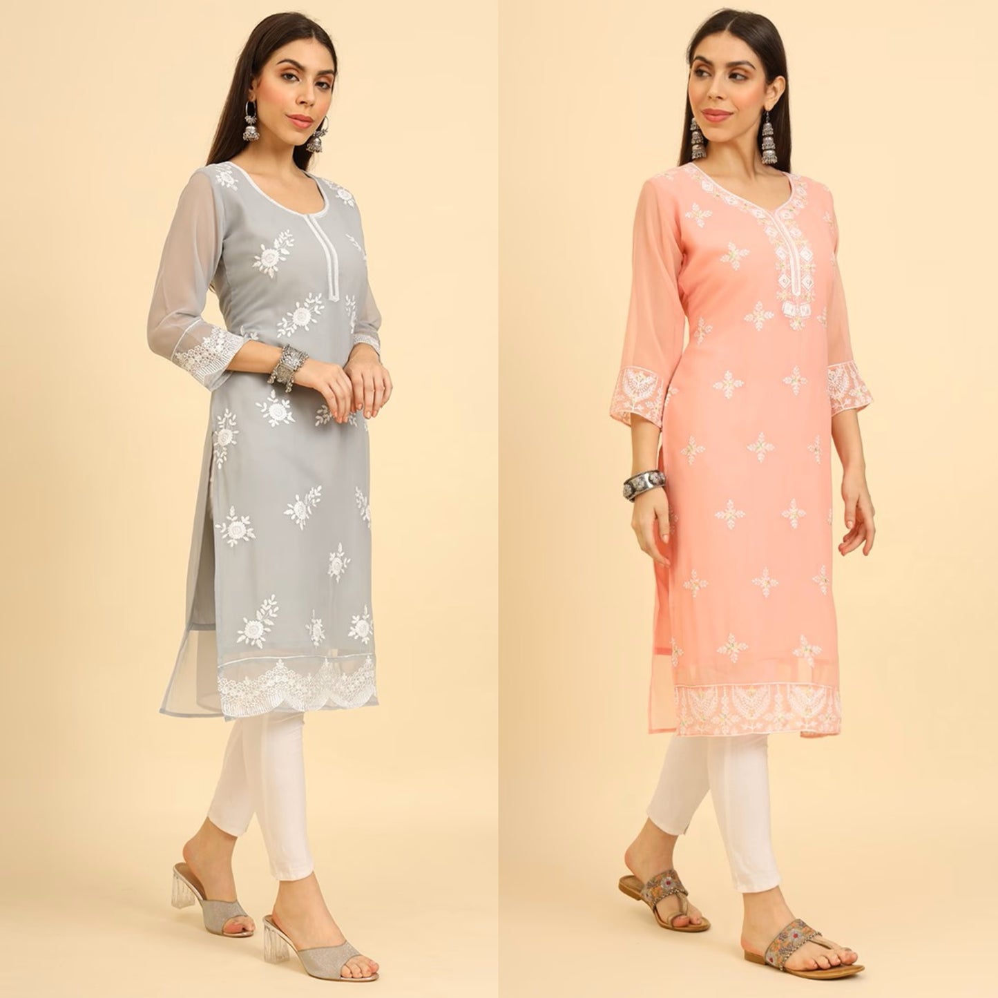 Resham Embroidered Georgette Kurta (Set Of 2)