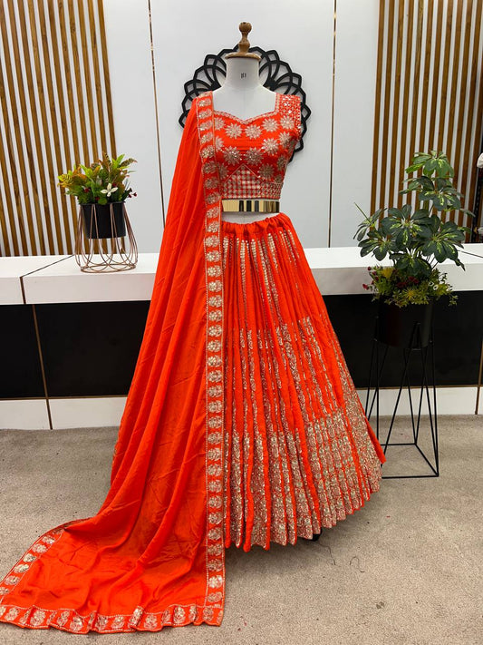 Designer Wedding Wear Orange color Lehenga Choli with Heavy Embroidery Sequence Work