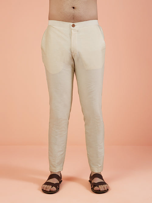 Men Cream Solid Trouser