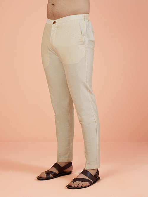 Men Cream Solid Trouser