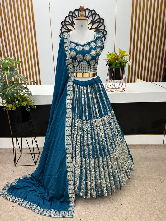 Designer Wedding Wear Teal Blue color Lehenga Choli with Heavy Embroidery Sequence Work