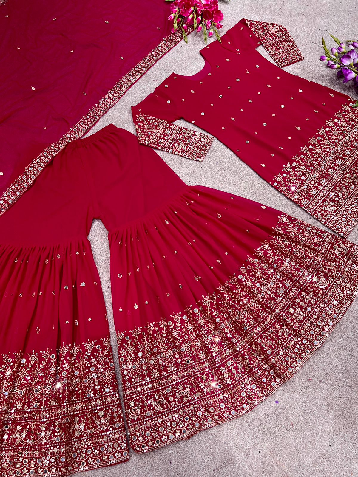 Awesome Embroidery Sequence Red Color Sharara Suit