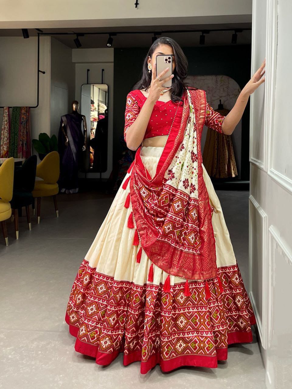 Stunning Patola Print Cream Color Lehenga Choli