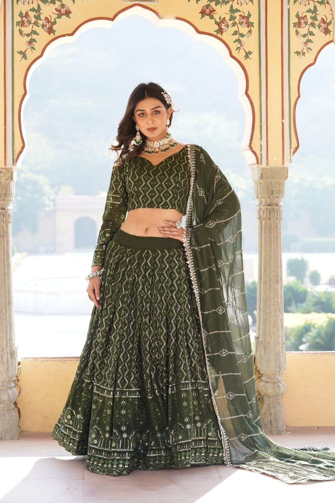 Gorgeous Sequins Embroidered Work Green Color Lehengha Choli