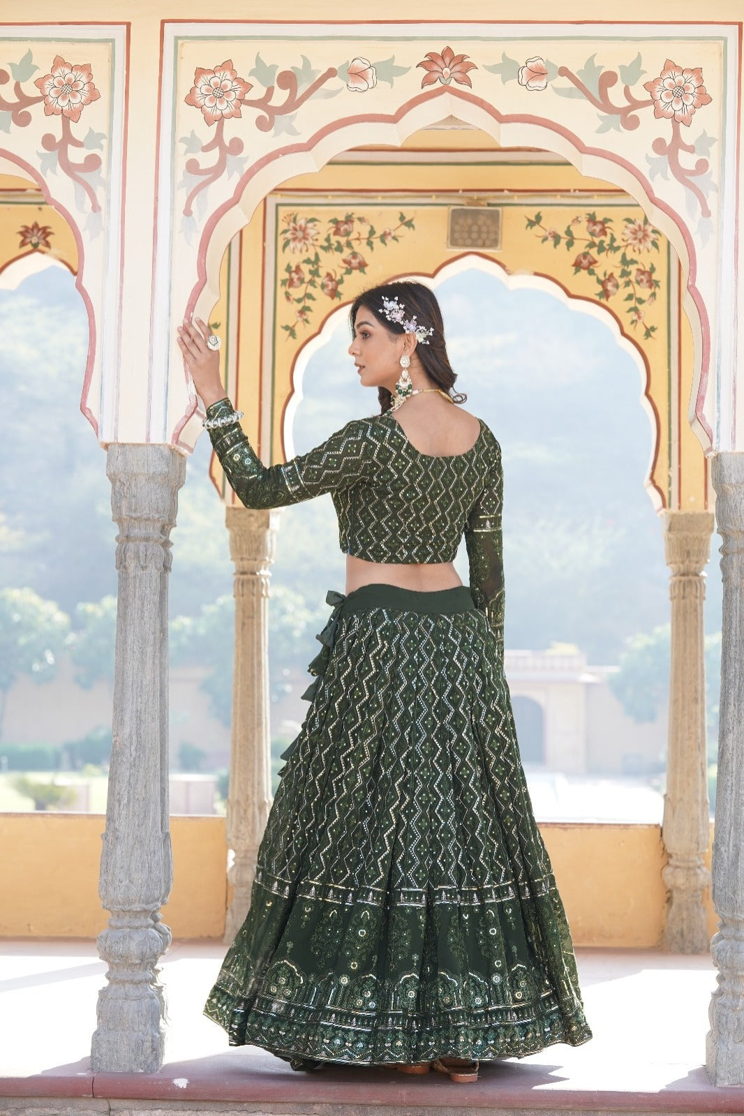 Gorgeous Sequins Embroidered Work Green Color Lehengha Choli