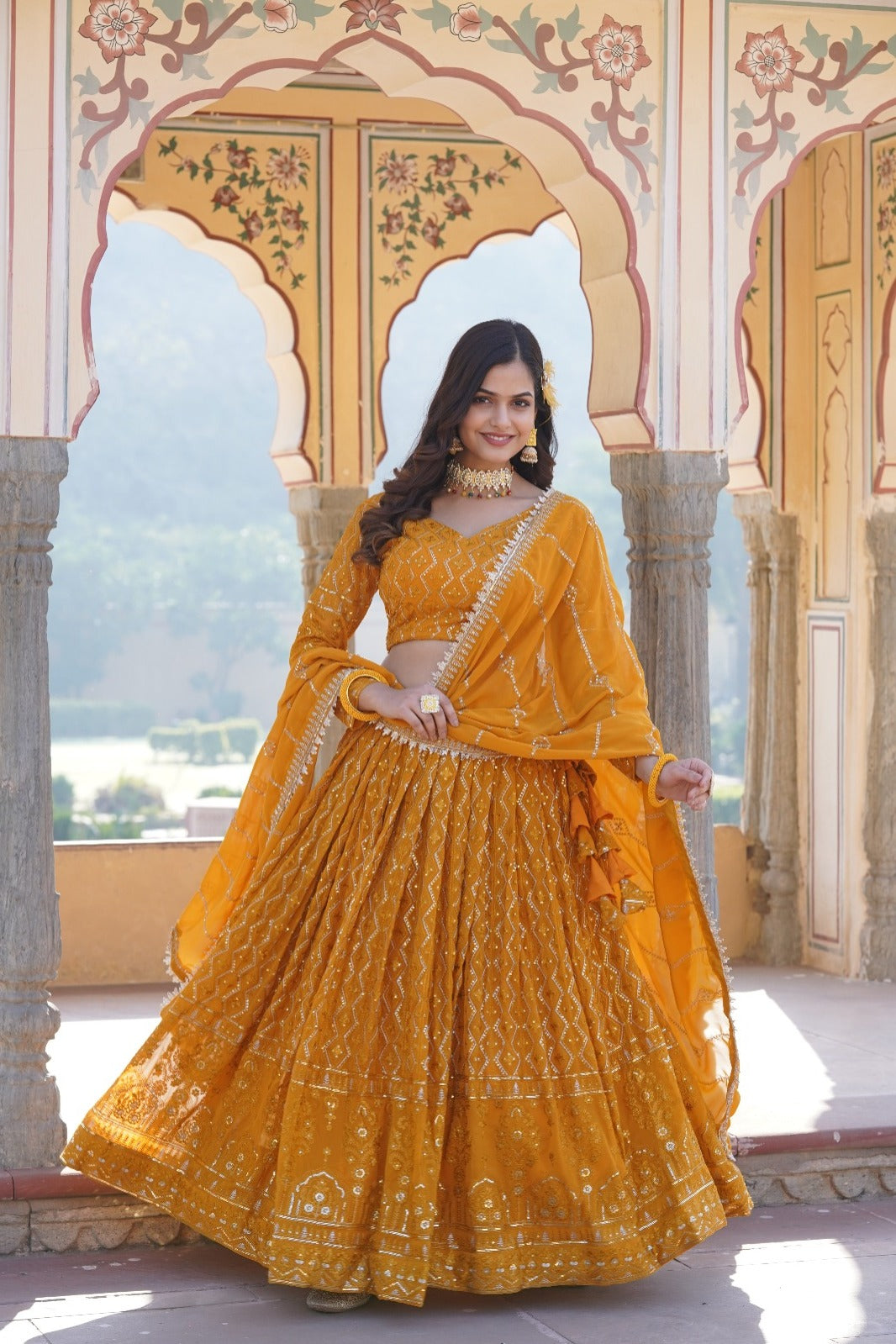 Gorgeous Sequins Embroidered Work Yellow Color Lehengha Choli