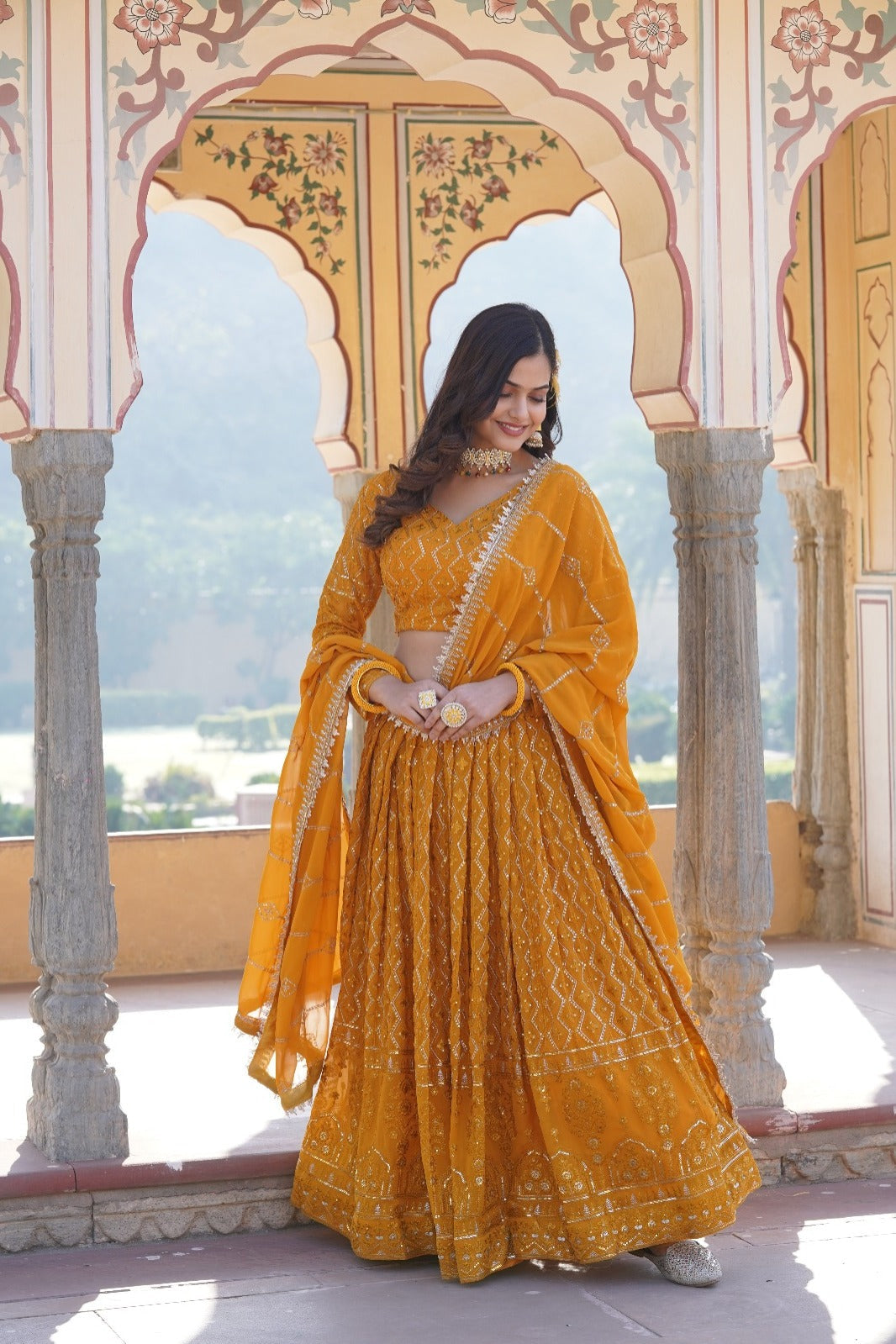 Gorgeous Sequins Embroidered Work Yellow Color Lehengha Choli