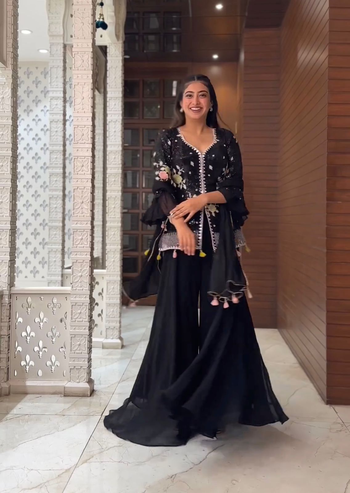 Embellished Sequence Embroidery Work Black Color Sharara Suit