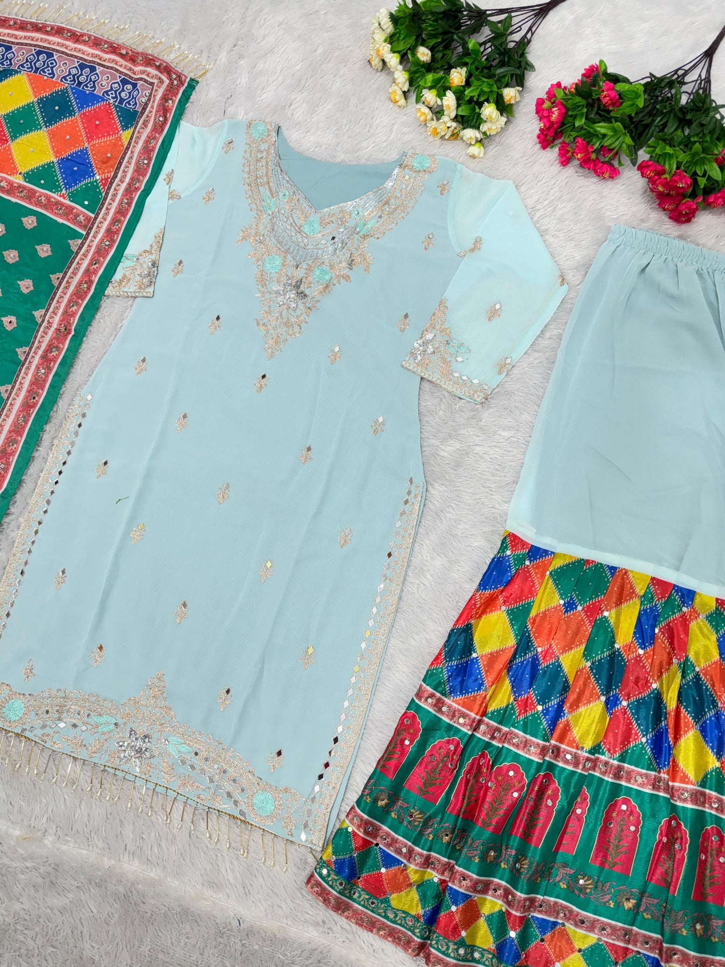 Embellished Sequences Work Sky Blue Color Sharara Suit