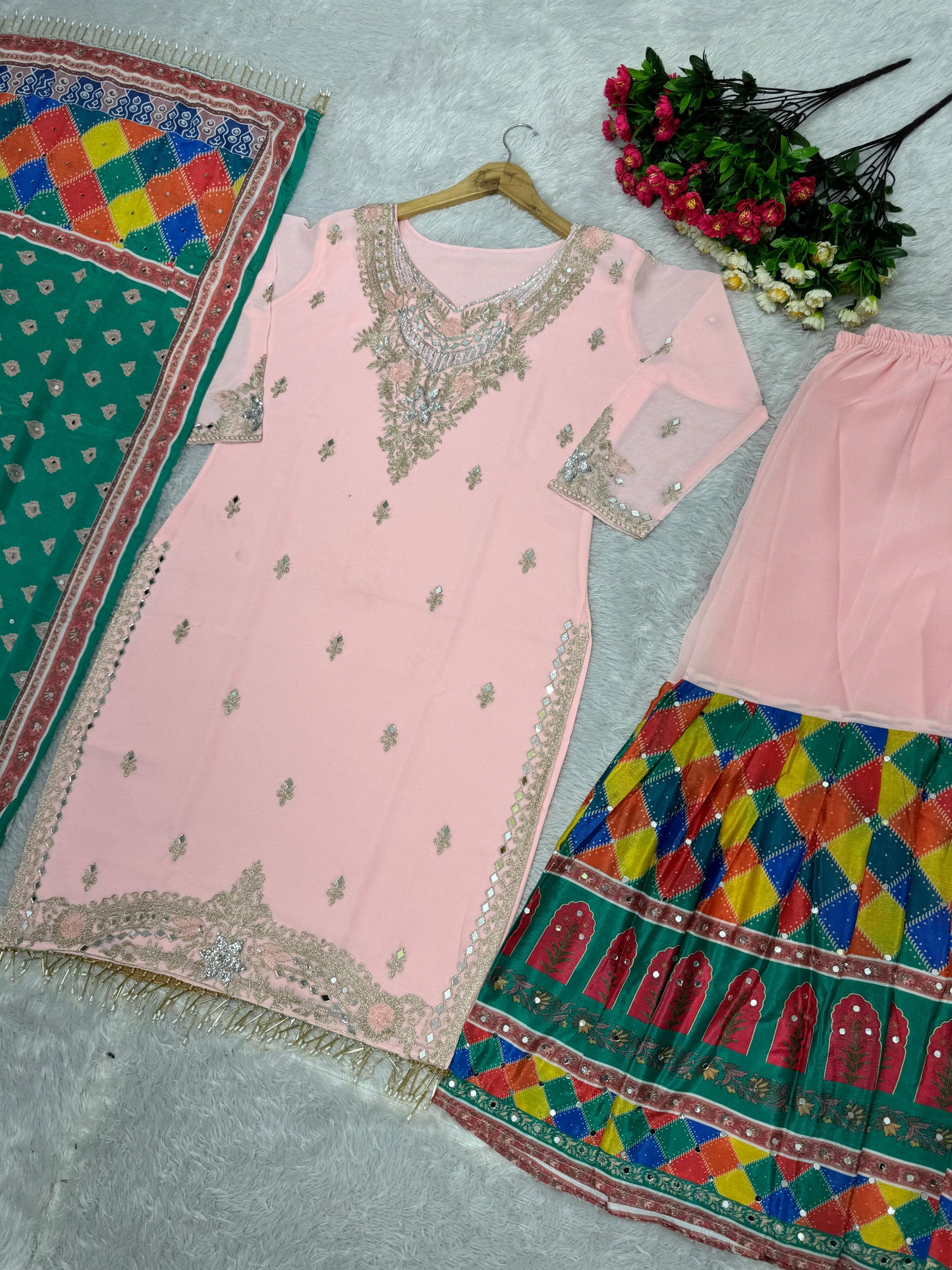 Embellished Sequences Work Pink Color Sharara Suit