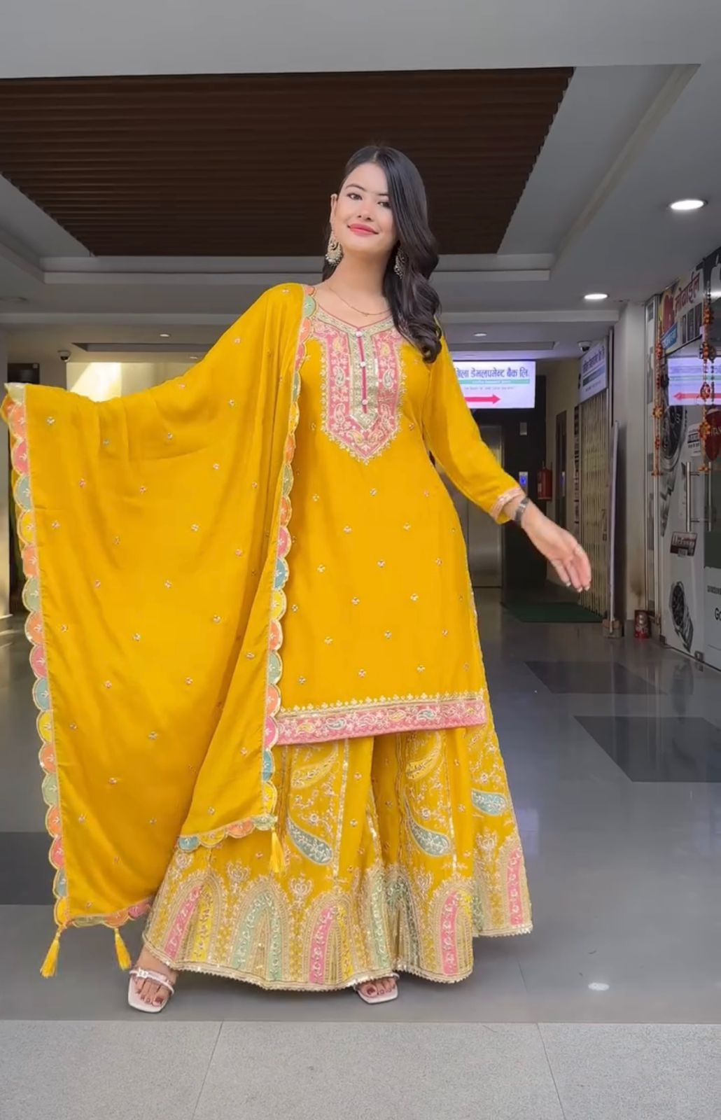 Marvelous Embroidery Sequence Work Yellow Color Sharara Suit