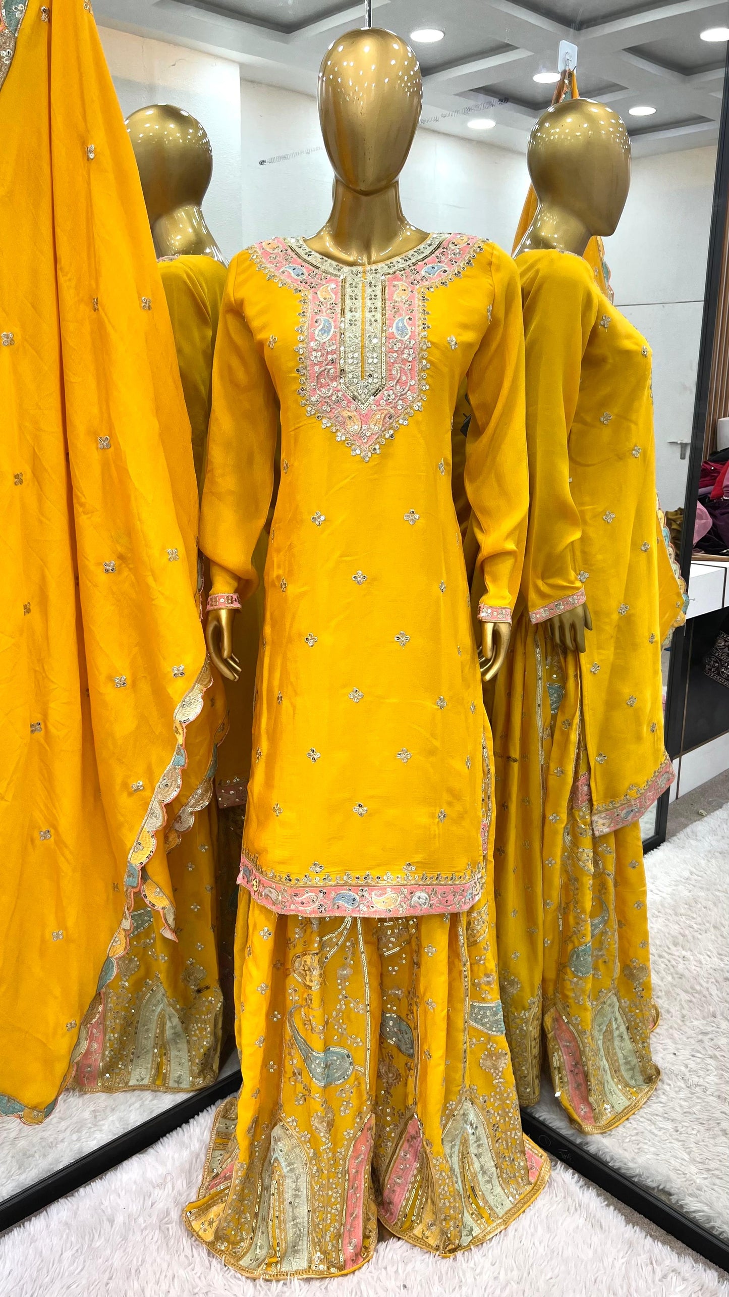 Marvelous Embroidery Sequence Work Yellow Color Sharara Suit