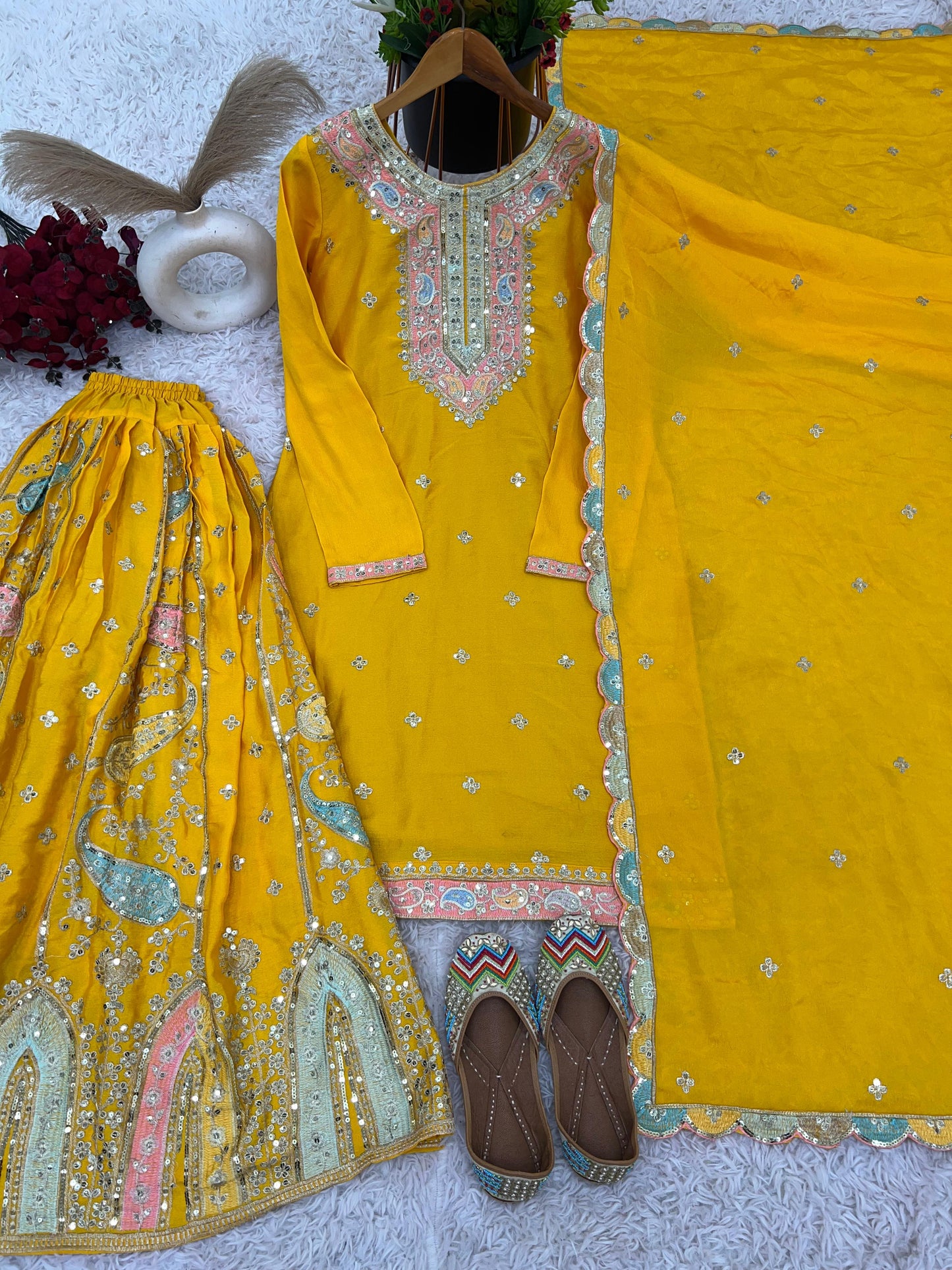 Marvelous Embroidery Sequence Work Yellow Color Sharara Suit