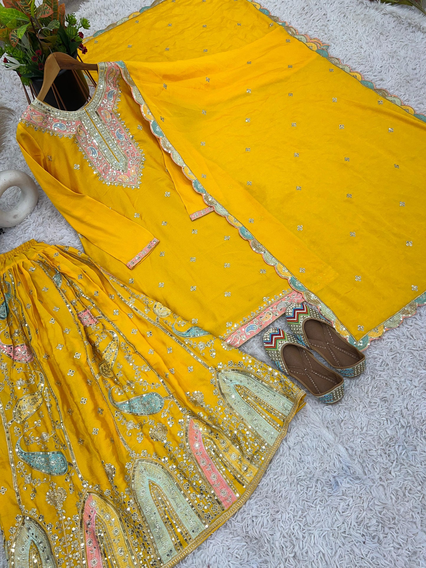 Marvelous Embroidery Sequence Work Yellow Color Sharara Suit