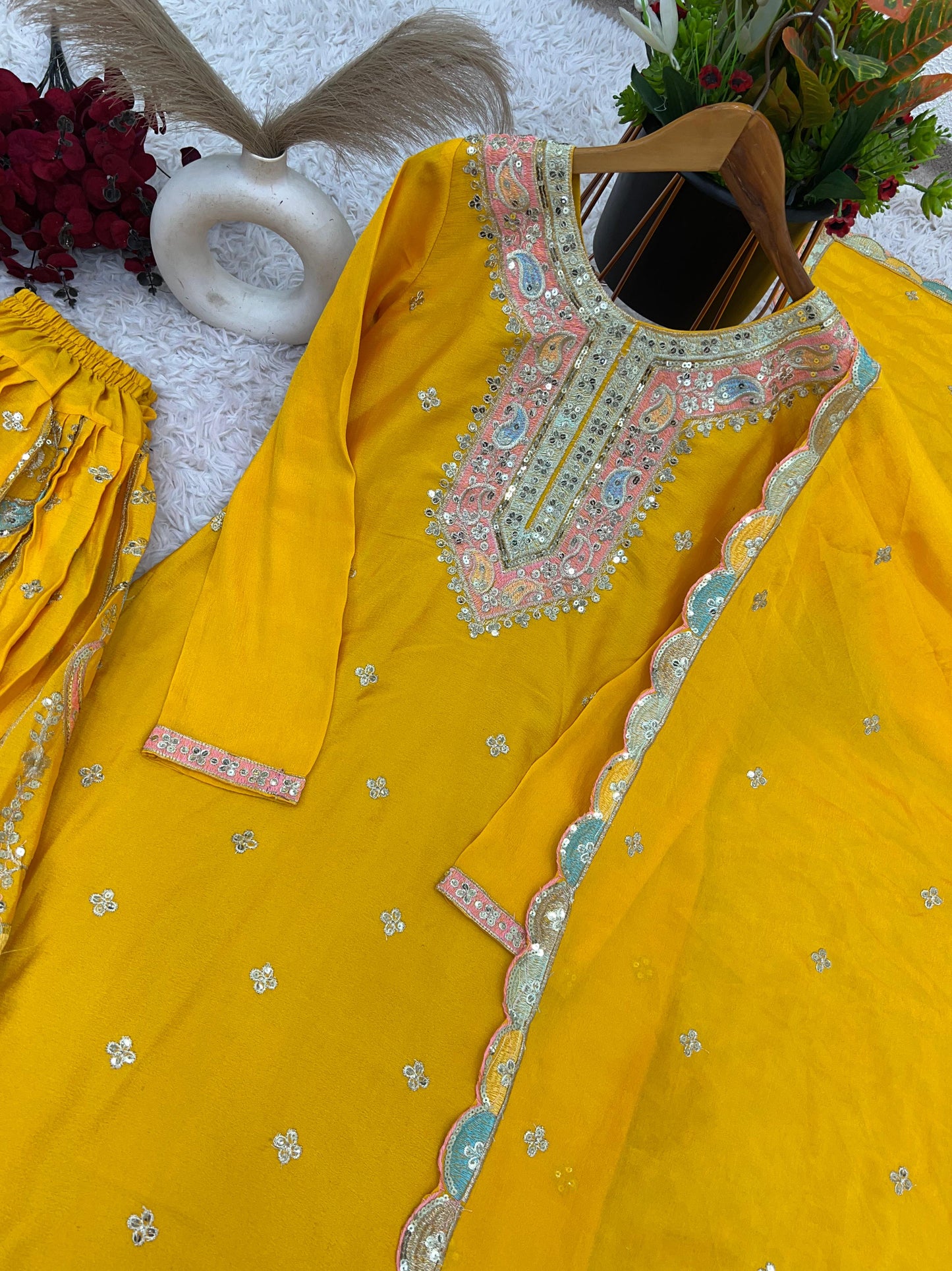 Marvelous Embroidery Sequence Work Yellow Color Sharara Suit