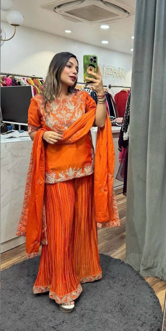 Designer Chinnon Silk Sequence Work Orange Color Sharara Suit