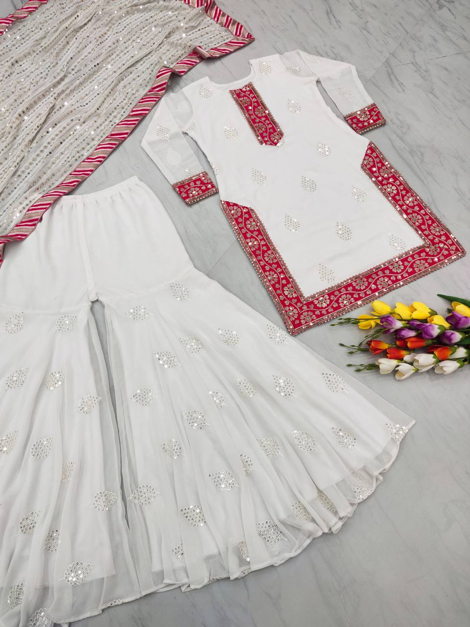 White Color Sequence Work With Border Sharara Suit