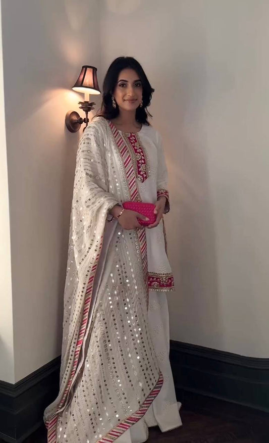 White Color Sequence Work With Border Sharara Suit