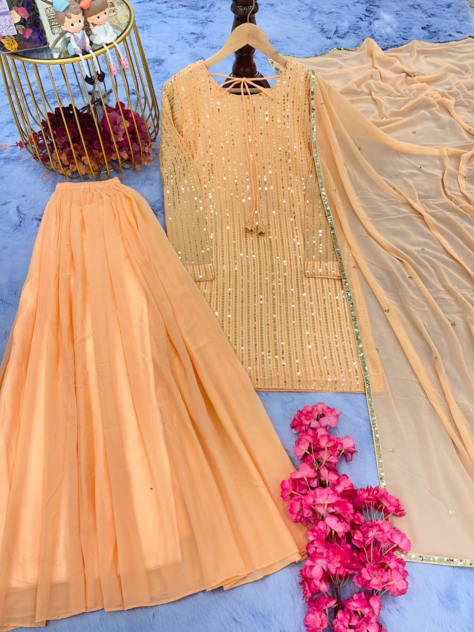 Glorious Light Peach Color Sequence Sharara Suit