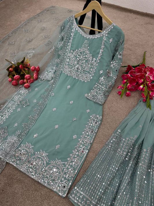 Shining Work Pista Green Color Sharara Suit