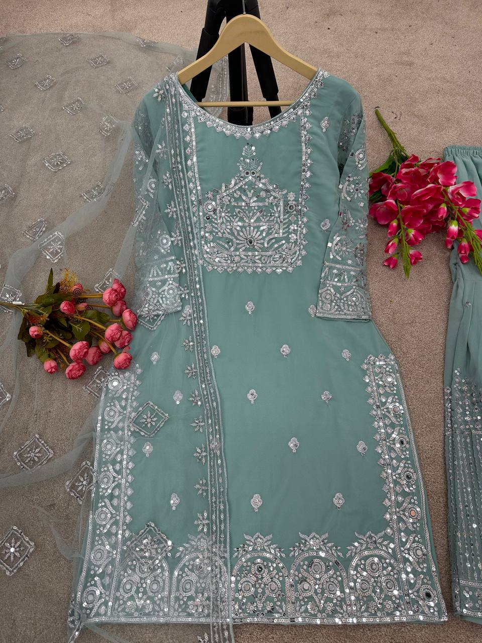 Shining Work Pista Green Color Sharara Suit