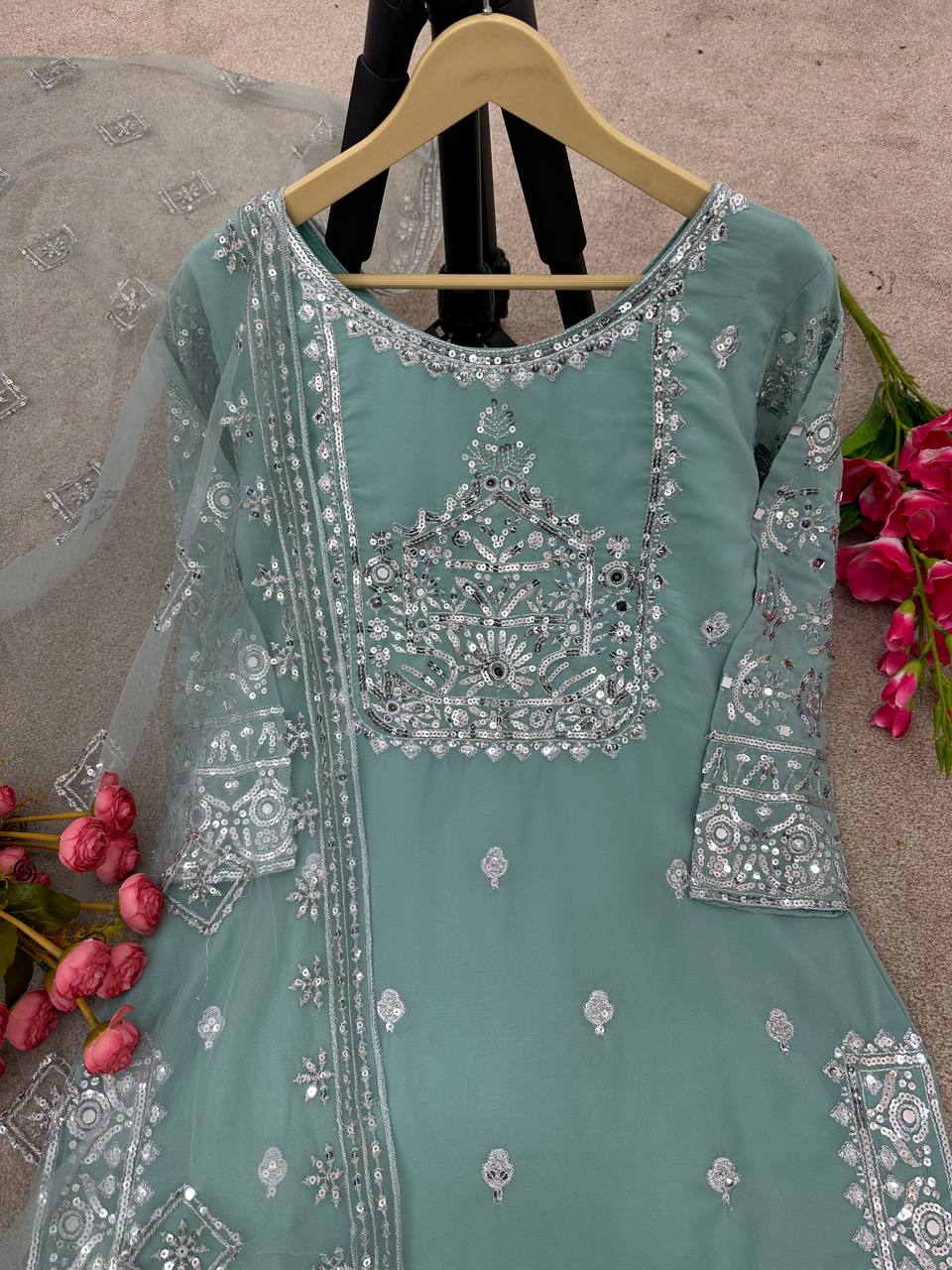 Shining Work Pista Green Color Sharara Suit