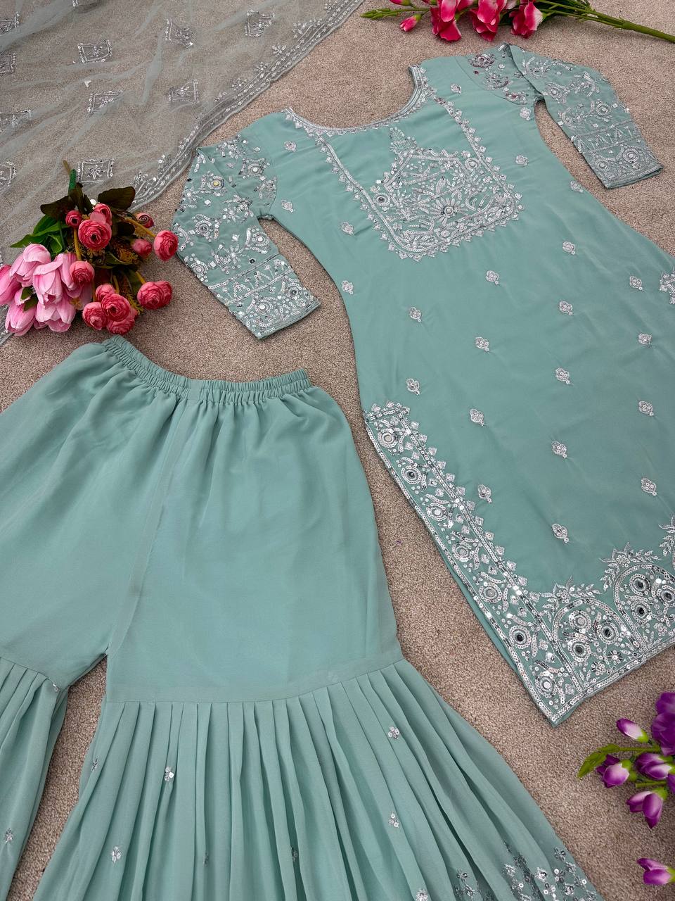 Shining Work Pista Green Color Sharara Suit