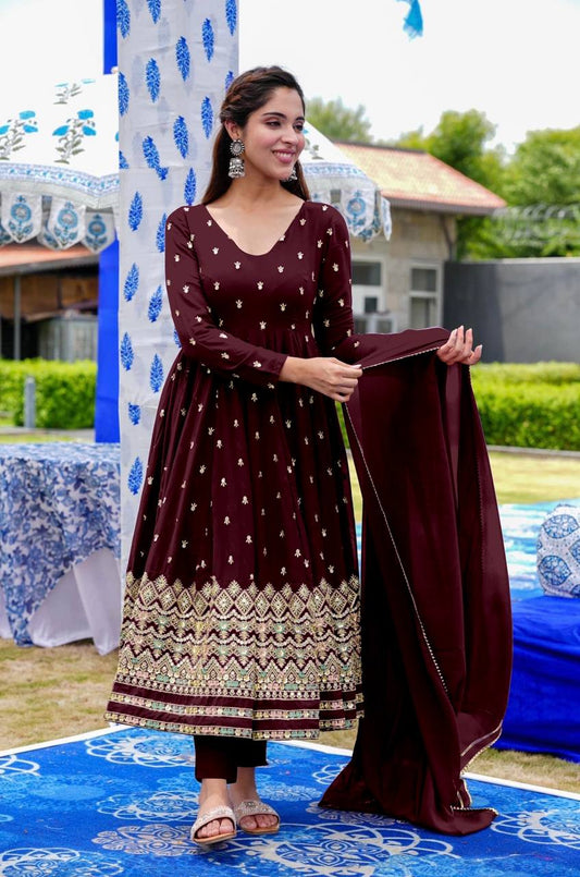 Graceful Maroon Color Embroidery Work Gown