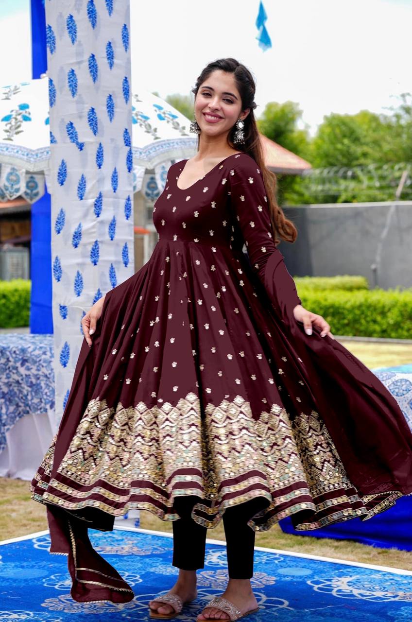 Graceful Maroon Color Embroidery Work Gown