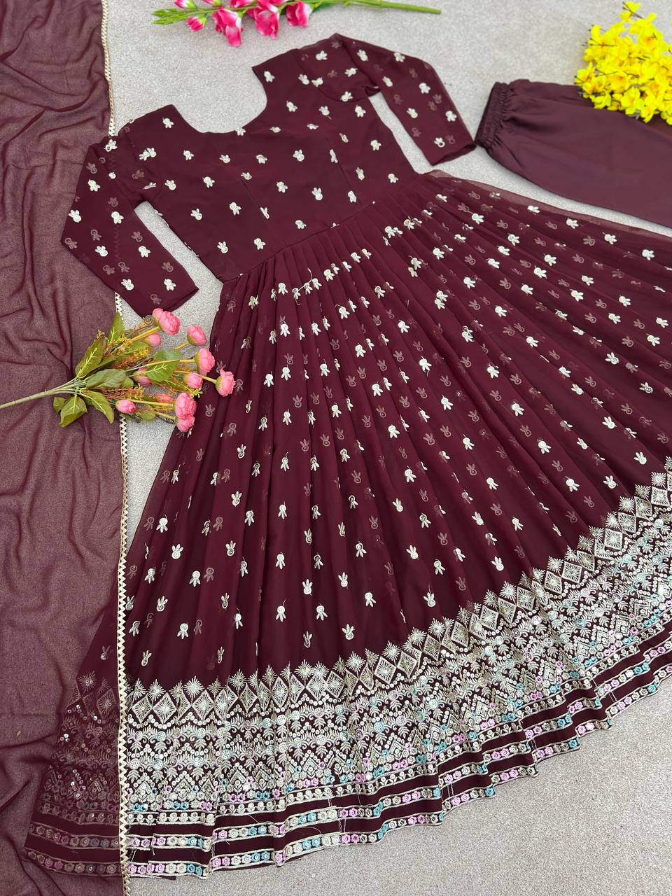 Graceful Maroon Color Embroidery Work Gown