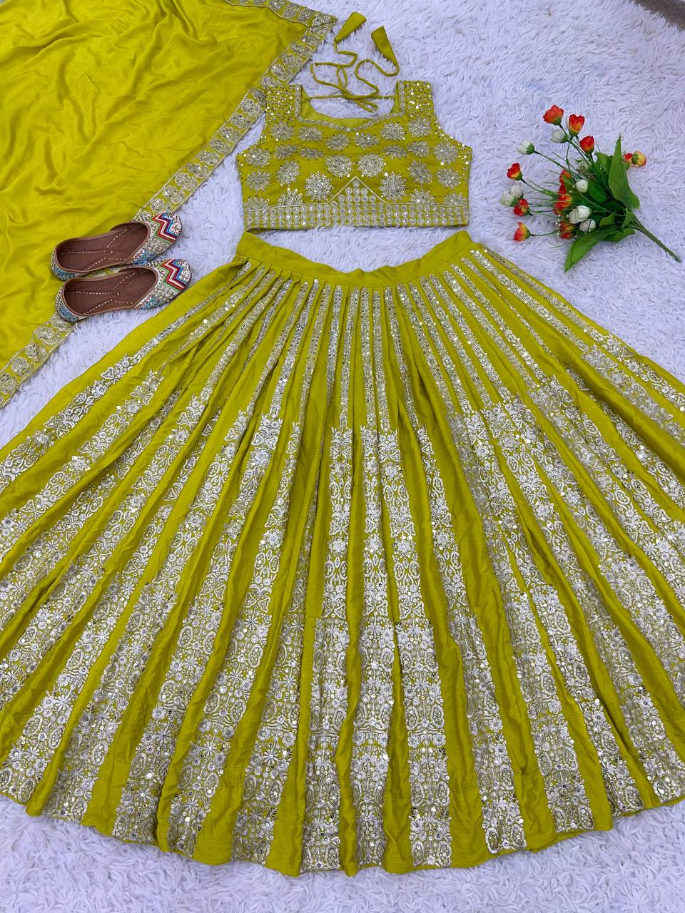 Designer Wedding Wear Lemon color Lehenga Choli with Heavy Embroidery Sequence Work